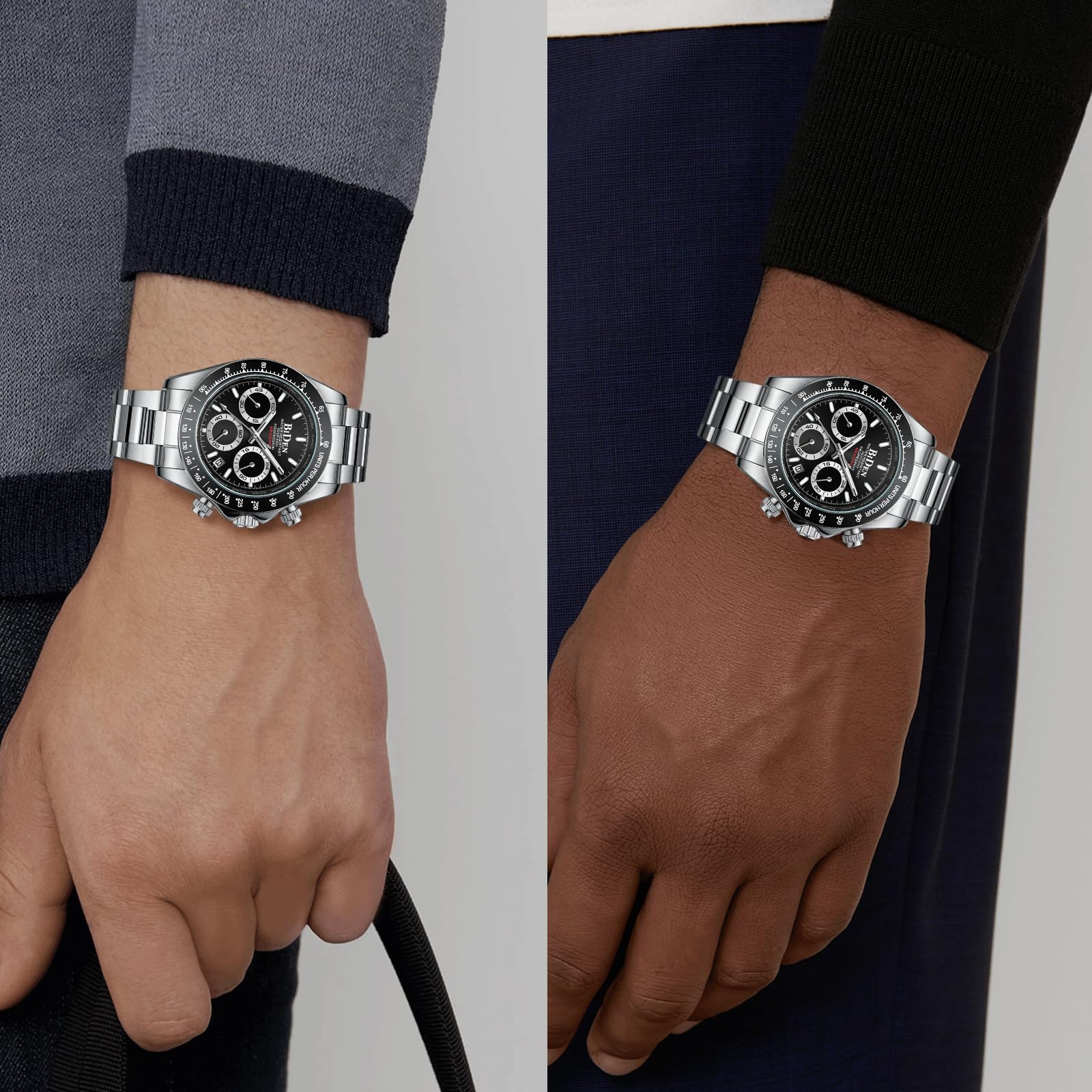 HANPOSH Reloj Hombre Cronógrafo de Acero Inoxidable(Plata Negro11)