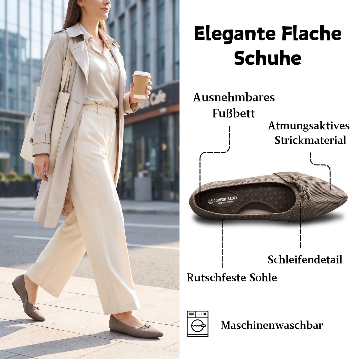 CALEBGAR Damskie baleriny, wsuwane mokasyny z kokardką, eleganckie super miękkie płaskie buty do sukienki i wypoczynku