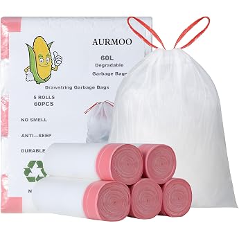 Tear-Resistant Bin Liners 60 L with Drawstring Degradable Bin Liners Drip-Proof Bin Bags with Drawstring Tear-Resistant Bin Bags with Carry Handle 60 Pieces W 60 x H 70