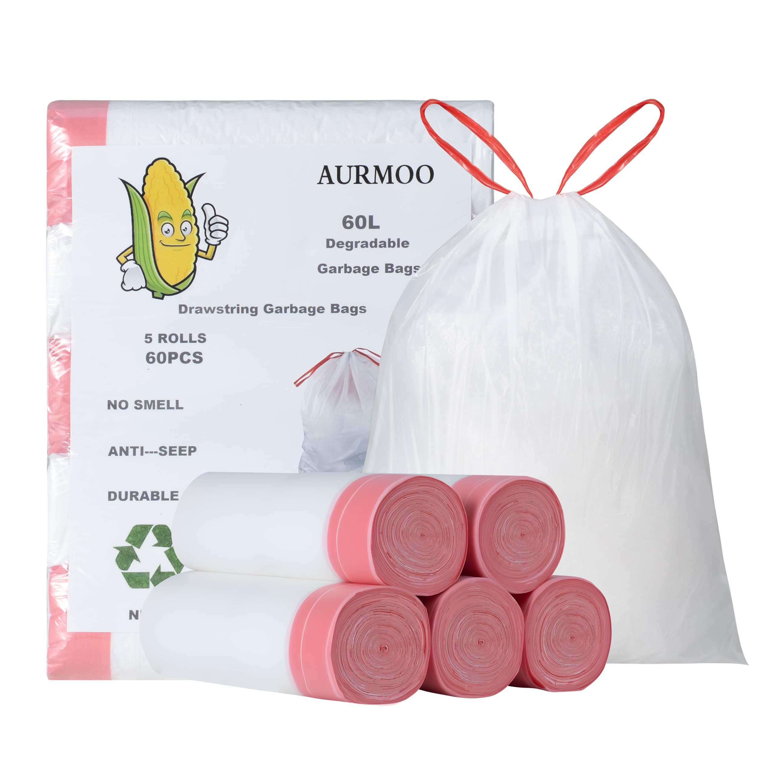 Bolsas de Basura 60L con Cordón, Bolsas de Basura Degradable, 60 Piezas, Bolsa de Basura Anti Goteo con Cordón, Bolsa de Basura para la Papelera, B60XH70cm, Blanco