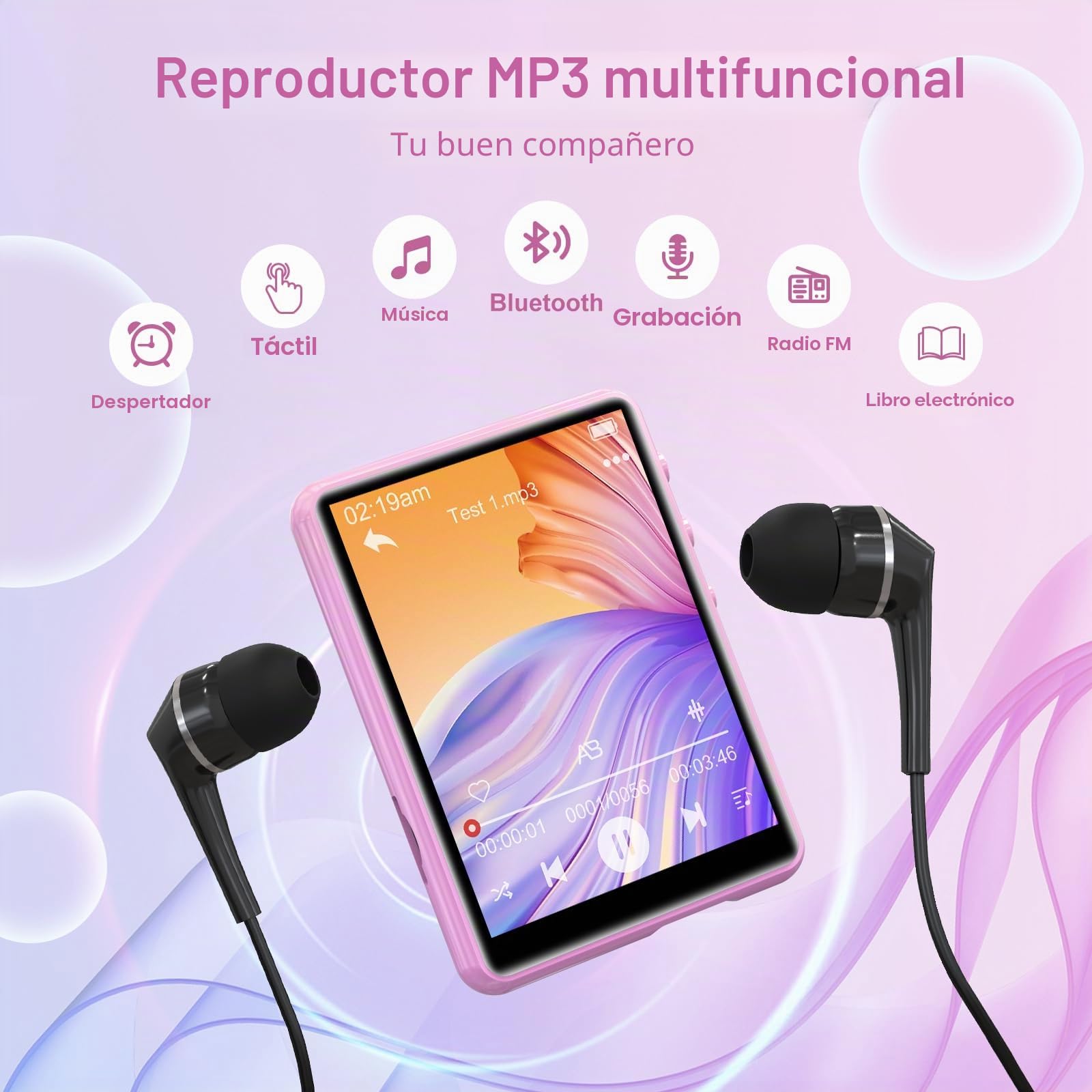 64 GB Reproductor MP3 Bluetooth 5.3, 2,4" Ecrã Tátil MP3 Reproductor Portátil com Altifalante Interior, Gravador De Voz, rádio FM, Suporte até 128GB (Rosa)