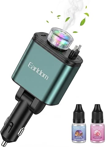 Earldom ES-CC61 4-in-1 Car Charger with Aroma Diffuser, 120W Fast Charging, Dual Built-in Charging Cables, Ambient Starlight Projector, Car Air Freshener - Dark Gray
