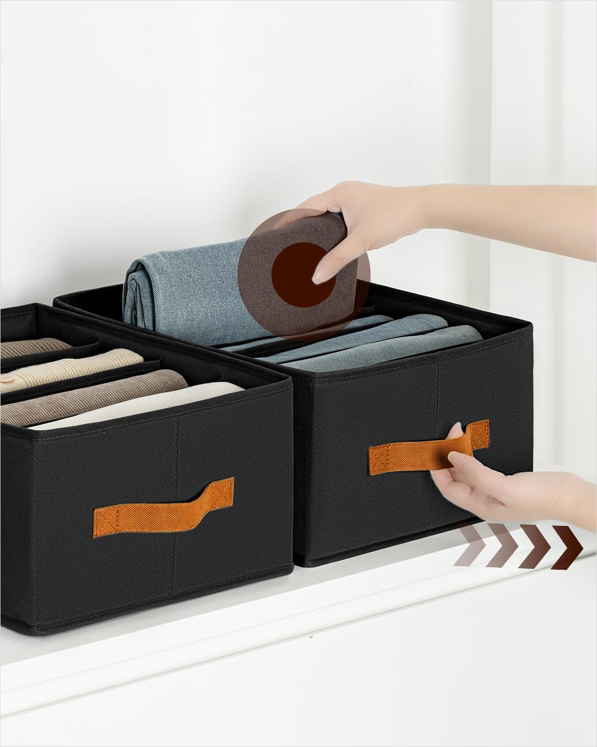 Clothes Organizers and Storage - 4/5/7 Grids Fabric Jeans Organizer with Handles, Foldable Closet Organizers Dividers, Wardrobe organizer for Pant, Sweater, T-shirt, Scarf, 6 Pack, Black