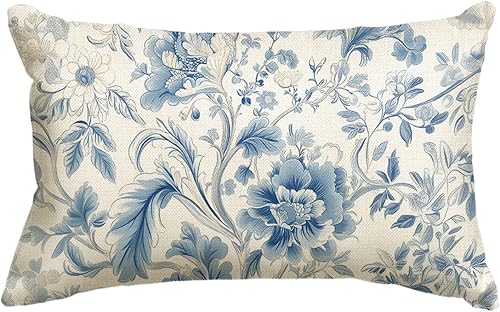 AVOIN colorlife Chinoiserie - Funda de cojín azul con diseño de flores, árboles, 12 x 20 pulgadas, decoración al aire libre para sofá, casa de campo