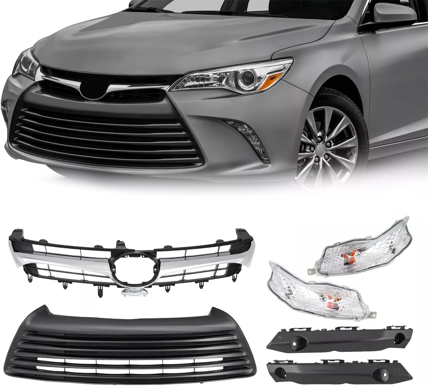 Front Upper & Lower Bumper Grille Assembly + Daytime Running Lights + Bumper Support Brackets Kit Fit For 2015 2016 2017 Toyota Camry LE Sedan 4-Door 6pcs front body kit Replacement