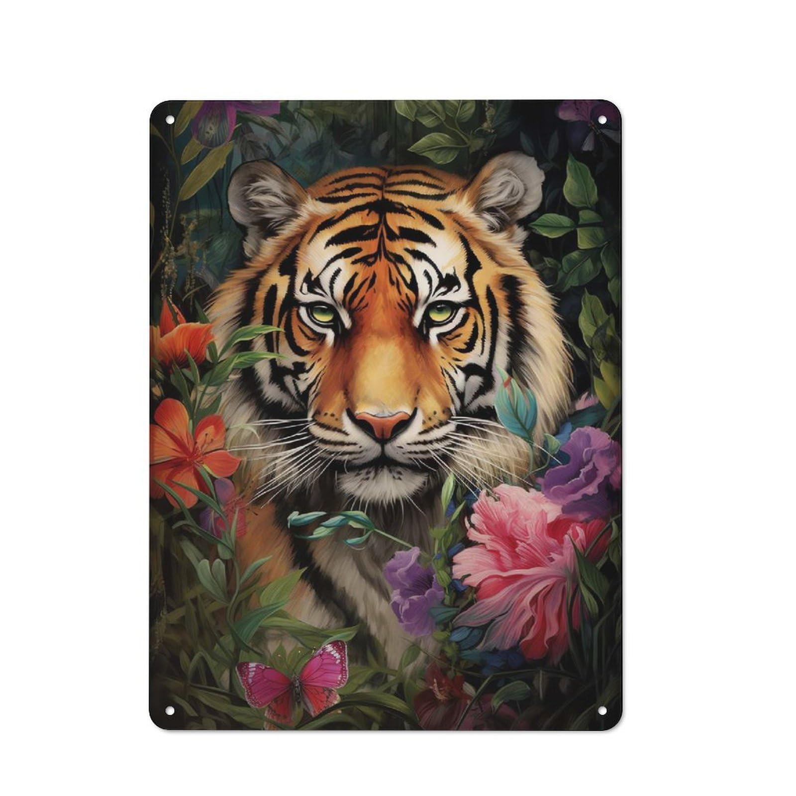 Junmoney Style-15 For Hobby Room Or Studio, Bengal Tiger Exotic Flower Retro Tin Sign 40X30cm, Gift For Creative Interior Collectors During The Christmas Season