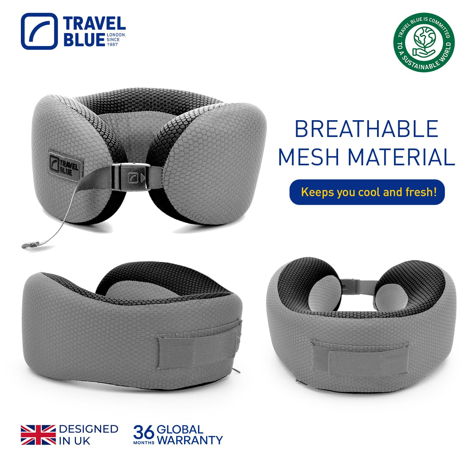 Travel Blue Dreamer Cojín cervical de avión – Almohada de espuma viscoelástica para viajes, cojín de viaje en avión con material de malla transpirable, funda extraíble, gran comodidad y apoyo (gris)