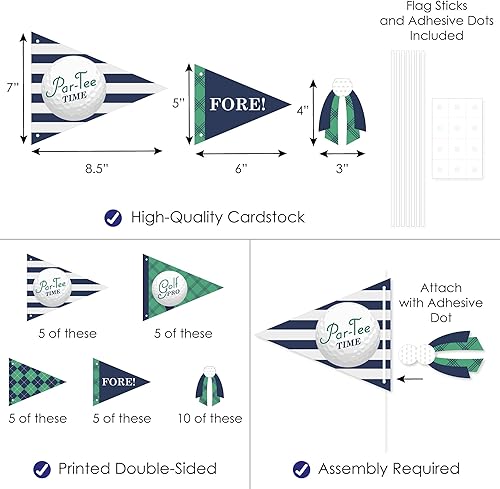 Miniatura 3 de Big Dot of Happiness Par-Tee Time  Golf  Accesorios triangulares para fotos de cumpleaños o jubilación  Centros de mesa de bandera con banderines