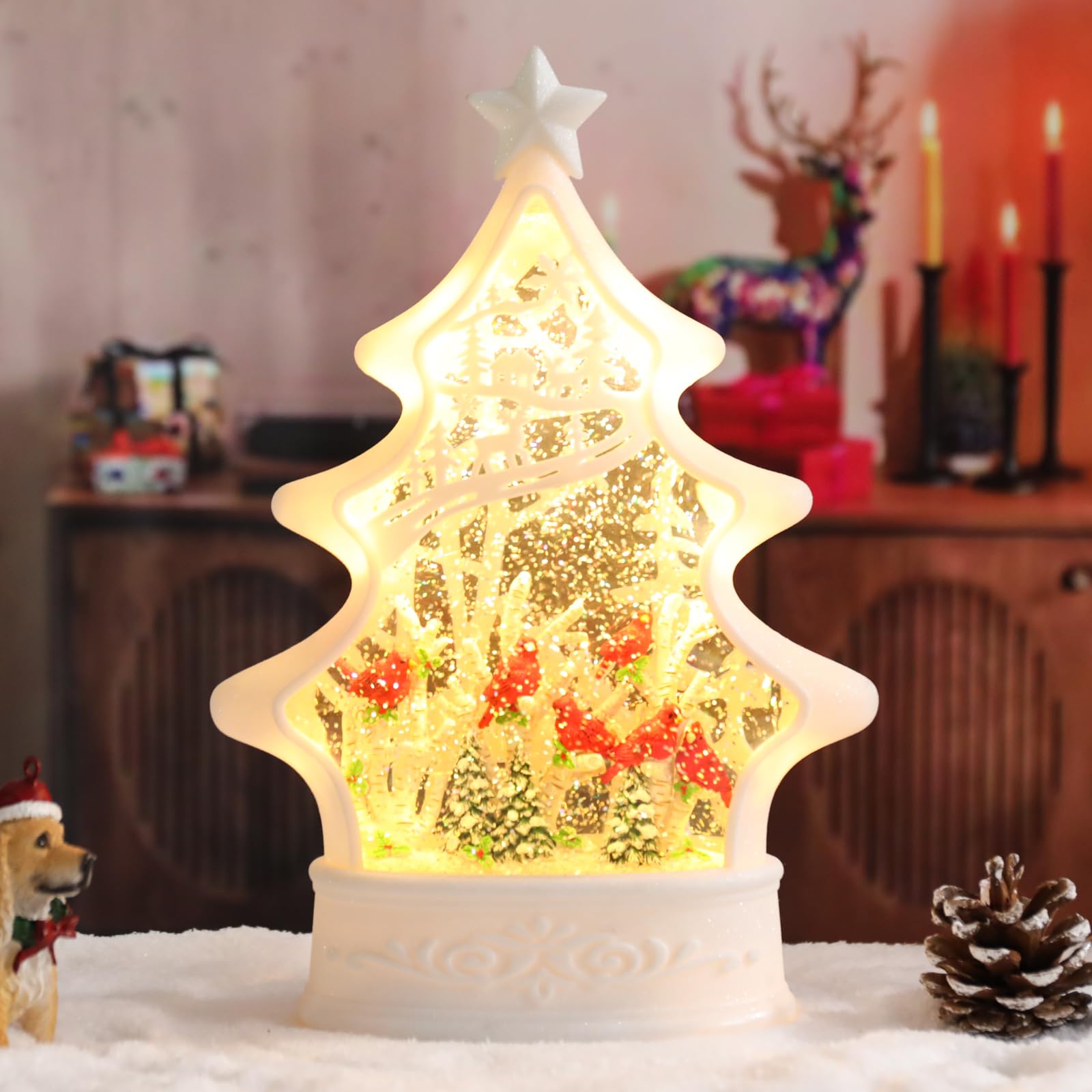 MUMTOP Christmas Snow Globes, Lighted Snow Globes, Christmas Tree Snow Globe with Cardinal Inside and Snowflake for Kids, Girls and Adults Gift Decoration