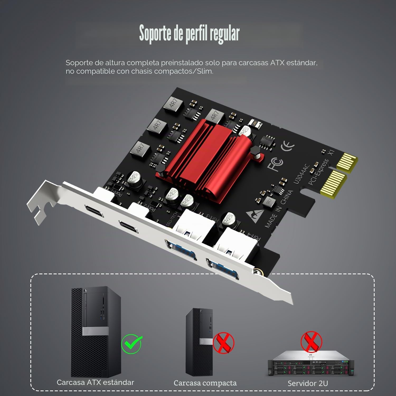 GLOTRENDS U3044AC Tarjeta de expansión PCIe USB de 4 Puertos, 2 USB-C y 2 USB-A (USB 3.2 Gen 1), Compatible con Windows y Linux (No Compatible con Mac OS)