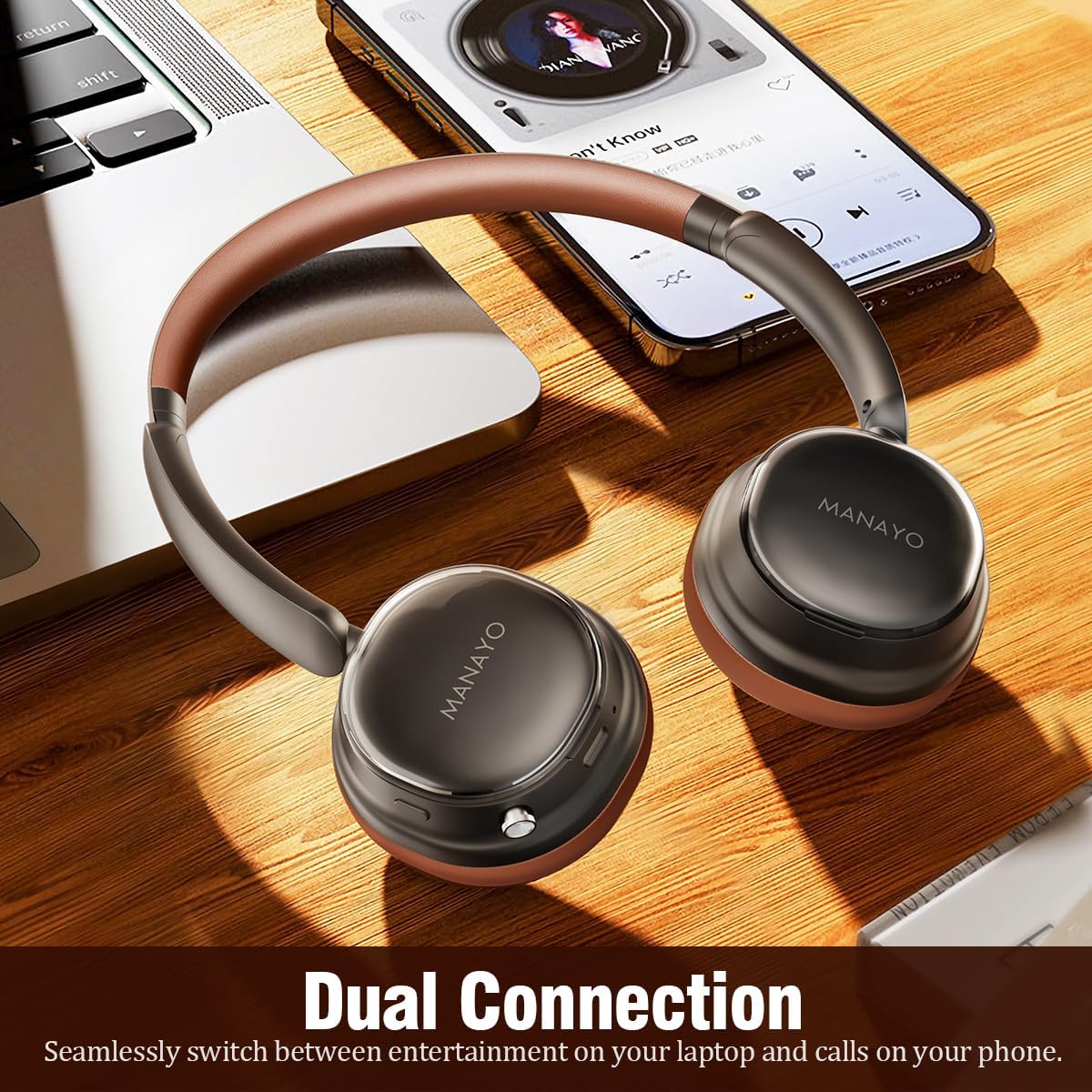 Wireless Bluetooth Headphones with Active Noise Cancelling (ANC), Over Ear Headphones with 100-Hour Battery, Lightweight Design (4.6oz), Comfort Fit Protein Leather for Work/Travel