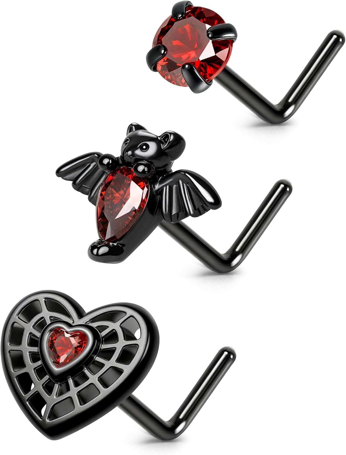 BodyBonita Halloween Nose Studs Ring, 316 Surgical Steel 20G Nose Rings, L Shaped Bend Nostril Nose Piercing Jewelry, Dangle Spider Bat Web Heart Red CZ Nose Stud for Women Men Black 3Pcs