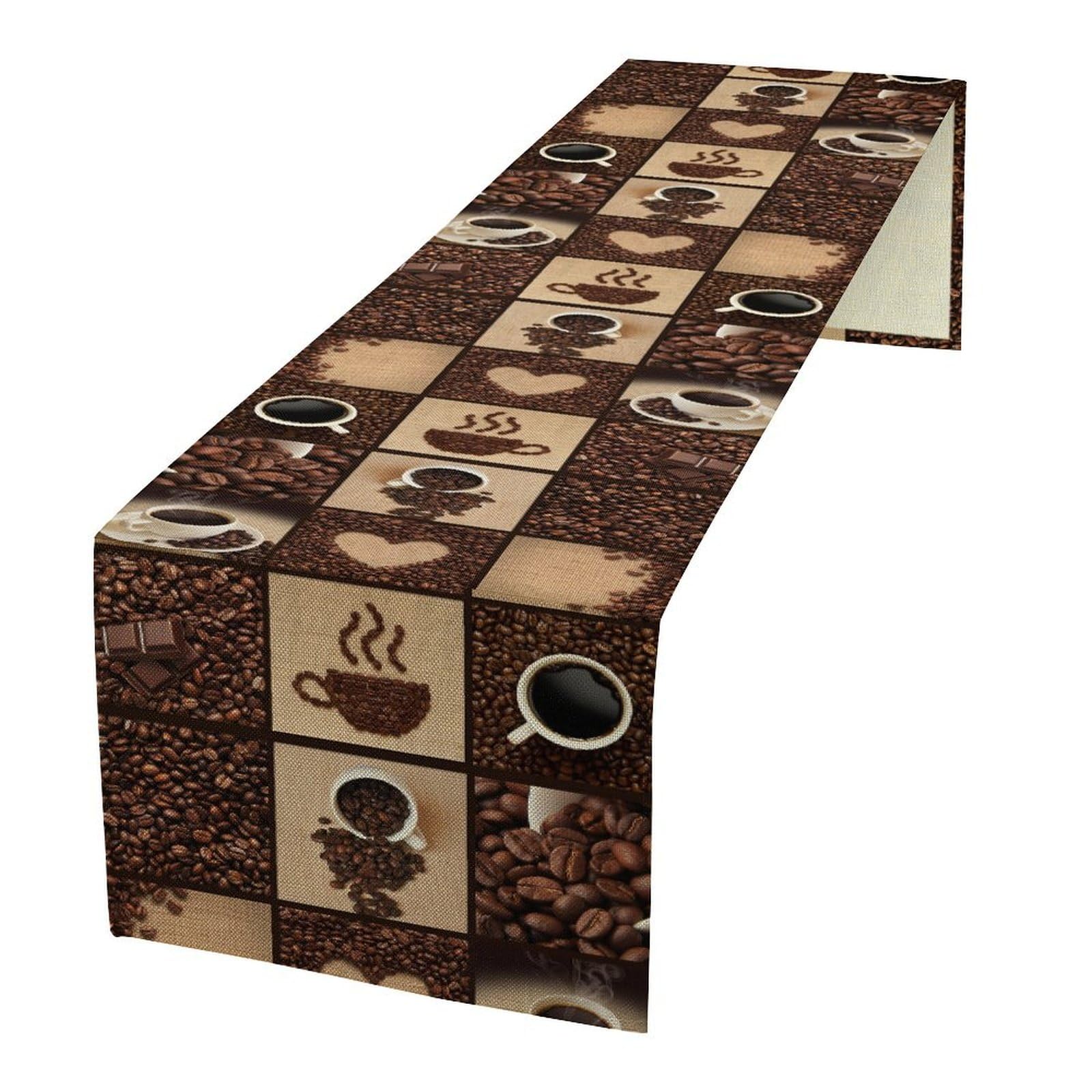 Coffee Print Table Runner Non-Slip Rectangle Modern Art Coffee Cup Coffee Bean Abstract Heart Print for Dining Room Kitchen Living Room Party 13x36 Inch