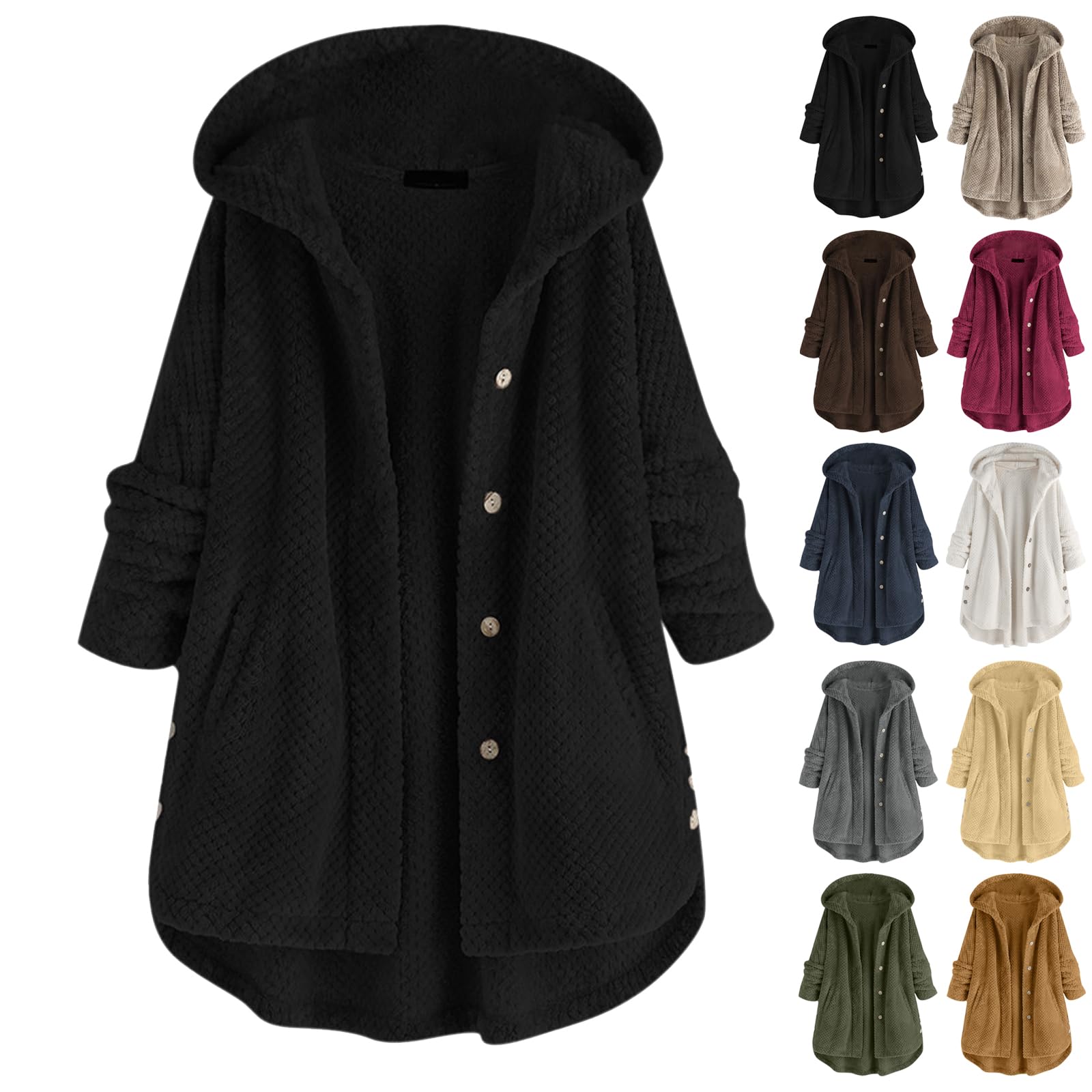KASAAS Women's Winter Coats Plus Size Oversized Sherpa Jacket with Hood Pockets Buttons Fall Jacket Warm Clothes Outerwear