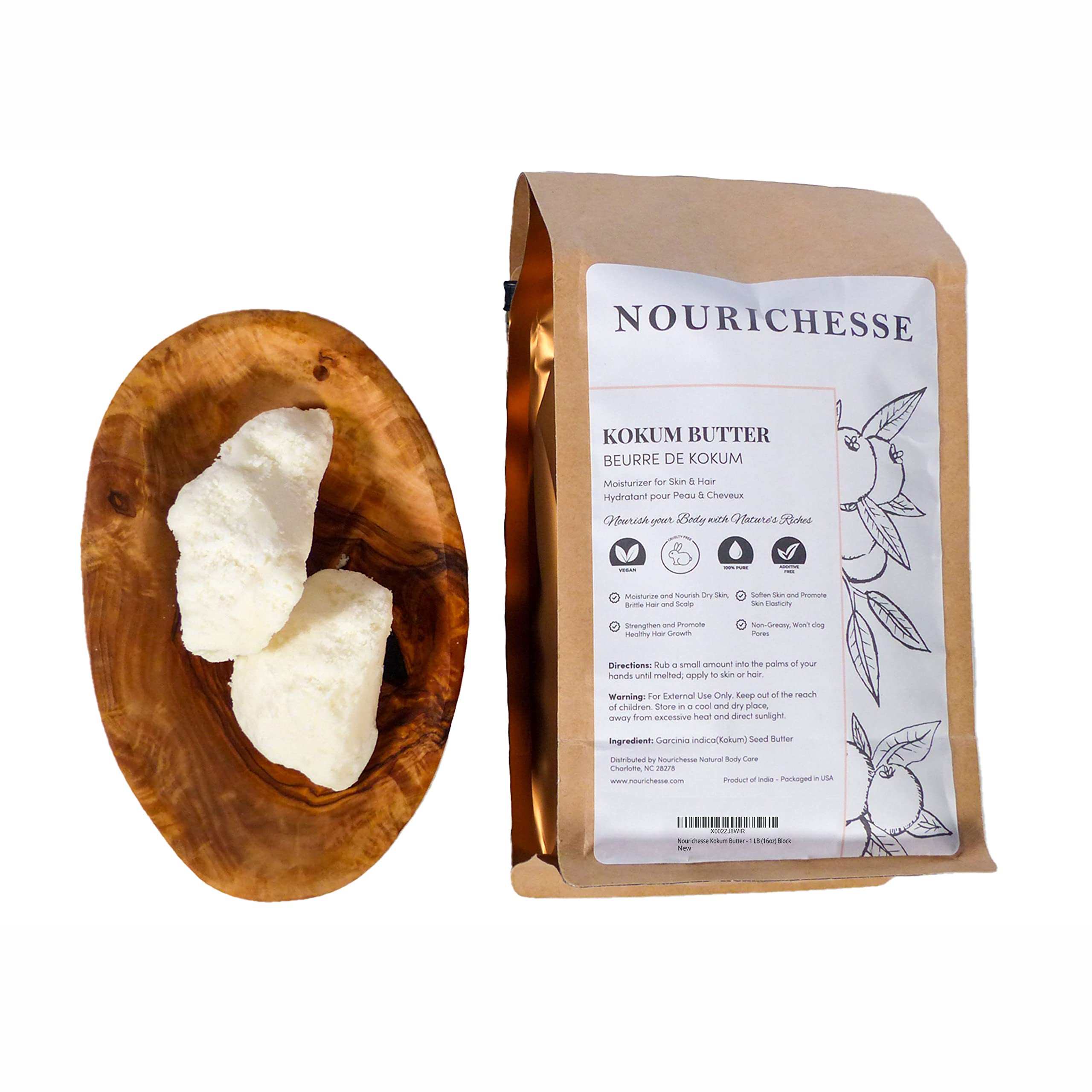 Kokum Butter - 1 LB (16oz) Block. Pure Butter, Great Moisturizer for Skin and Hair. Use in DIY Soap, Balm, and Cream.