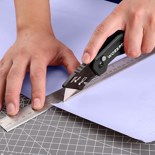 Miniatura 6 de WORKPRO Cuchillo utilitario plegable, cortador de caja con clip para cinturón, hoja de cambio rápido, mango ligero de nylon, pelacables y gancho