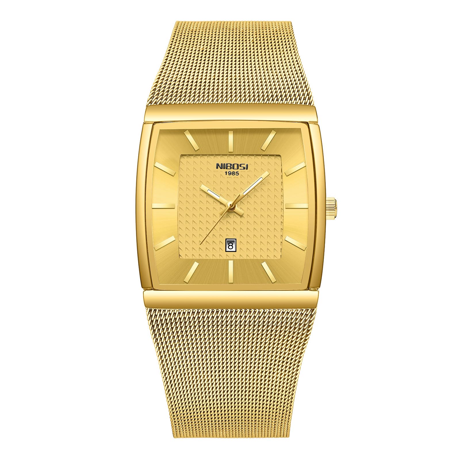 NIBOSI Orologi da uomo Orologi analogici quadrati al quarzo in acciaio inossidabile per uomo Cinturino a maglia Impermeabile Orologio sportivo da lavoro con datario