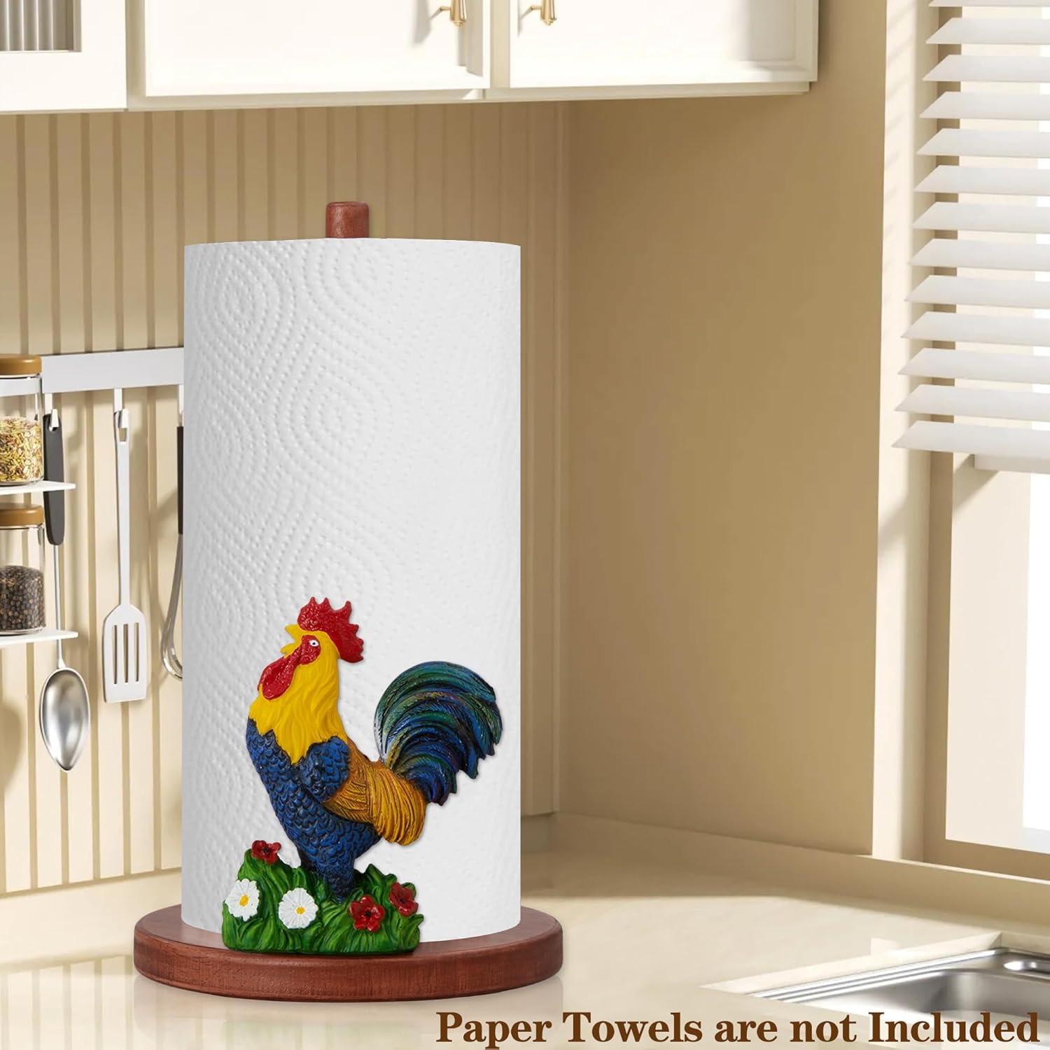 Rooster Kitchen Paper Towel Holder Decor,Farmhouse Kitchen Decorative,Cute Wooden Paper Towel Holder Countertop with Anti Slip,Chicken Gifts for Women Rustic,Bathroom,Housewarming,4 Suction Cup