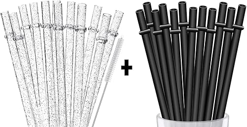 ALINK 12 pajitas negras reutilizables + 12 pajitas transparentes con purpurina