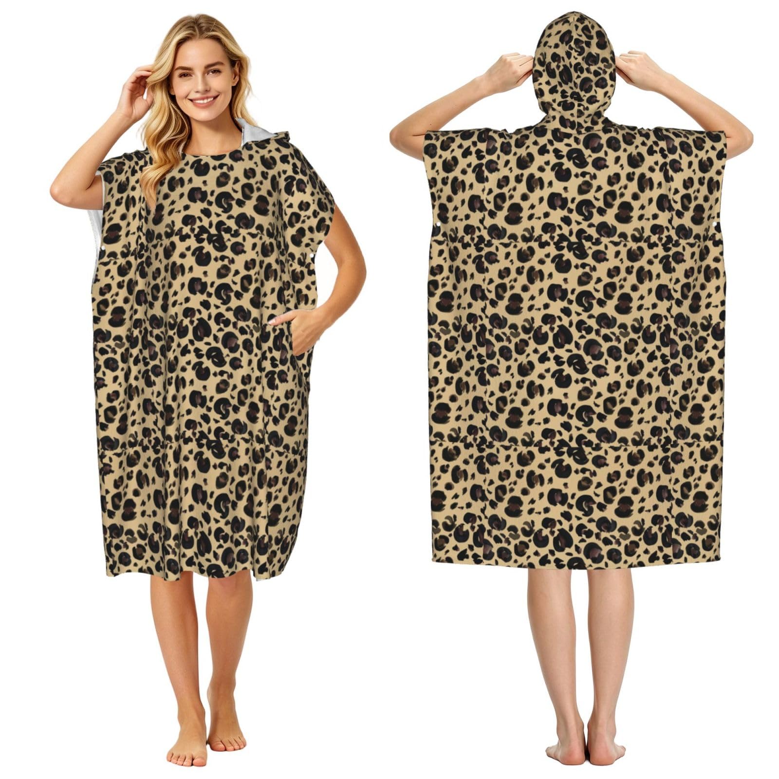 Poadnly Watercolor Leopard, Adult Hooded Beach Towel 90 x 110 cm,Changing Bath Robe, Surf Poncho Towel For Women Men