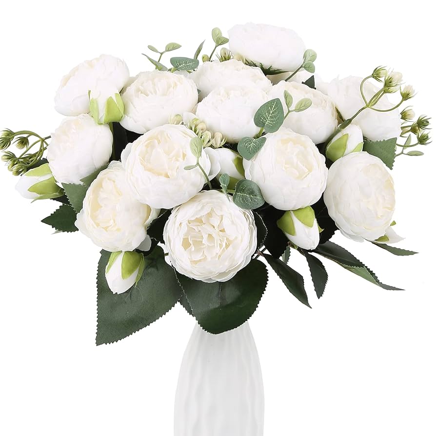 Amazon｜4 ブーケ ホワイトシャクヤク人工花、ホワイトフェイク