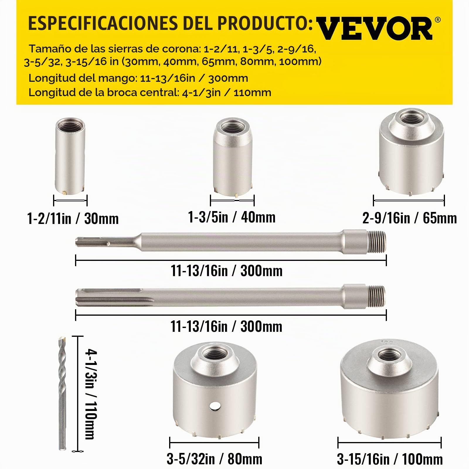 VEVOR Sierra de Hormigón Corona 30-100 mm Broca de 1,2" a 3,9" y 135° SDS Max/SDS Plus