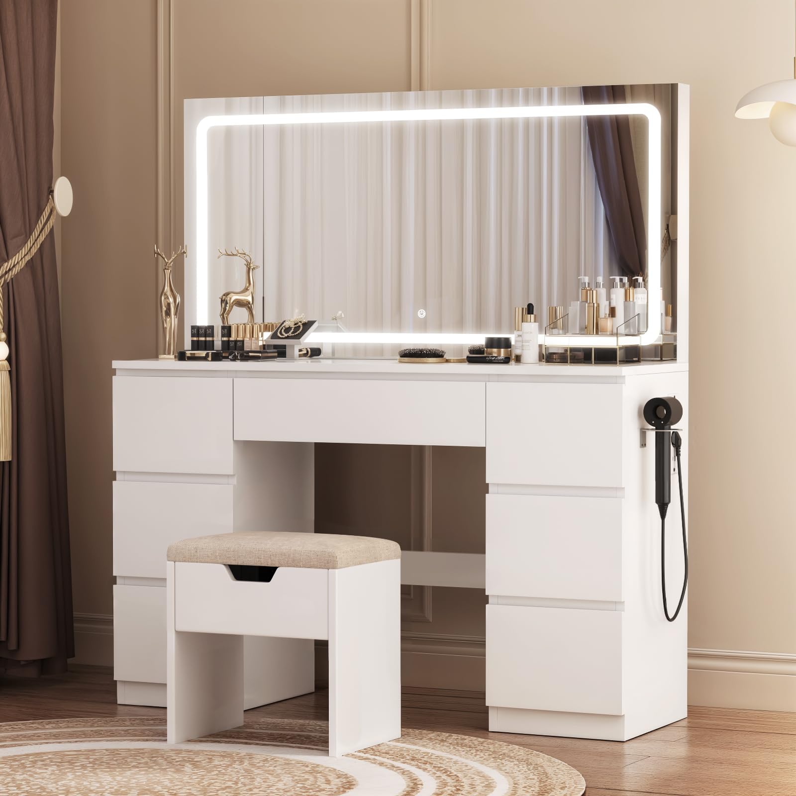 TRIUMPHKEY Tocador con Taburete, Tocador de Maquillaje Espejo LED Grande con Brillo Ajustable, Mesa de Maquillaje con 7 Cajones y Enchufes para Dormitorio, Blanco