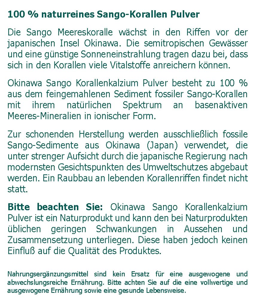 Korallen Kalzium 100% rein Pulver 250 g - naturreines Okinawa Sango Korallen Pulver feingemahlen