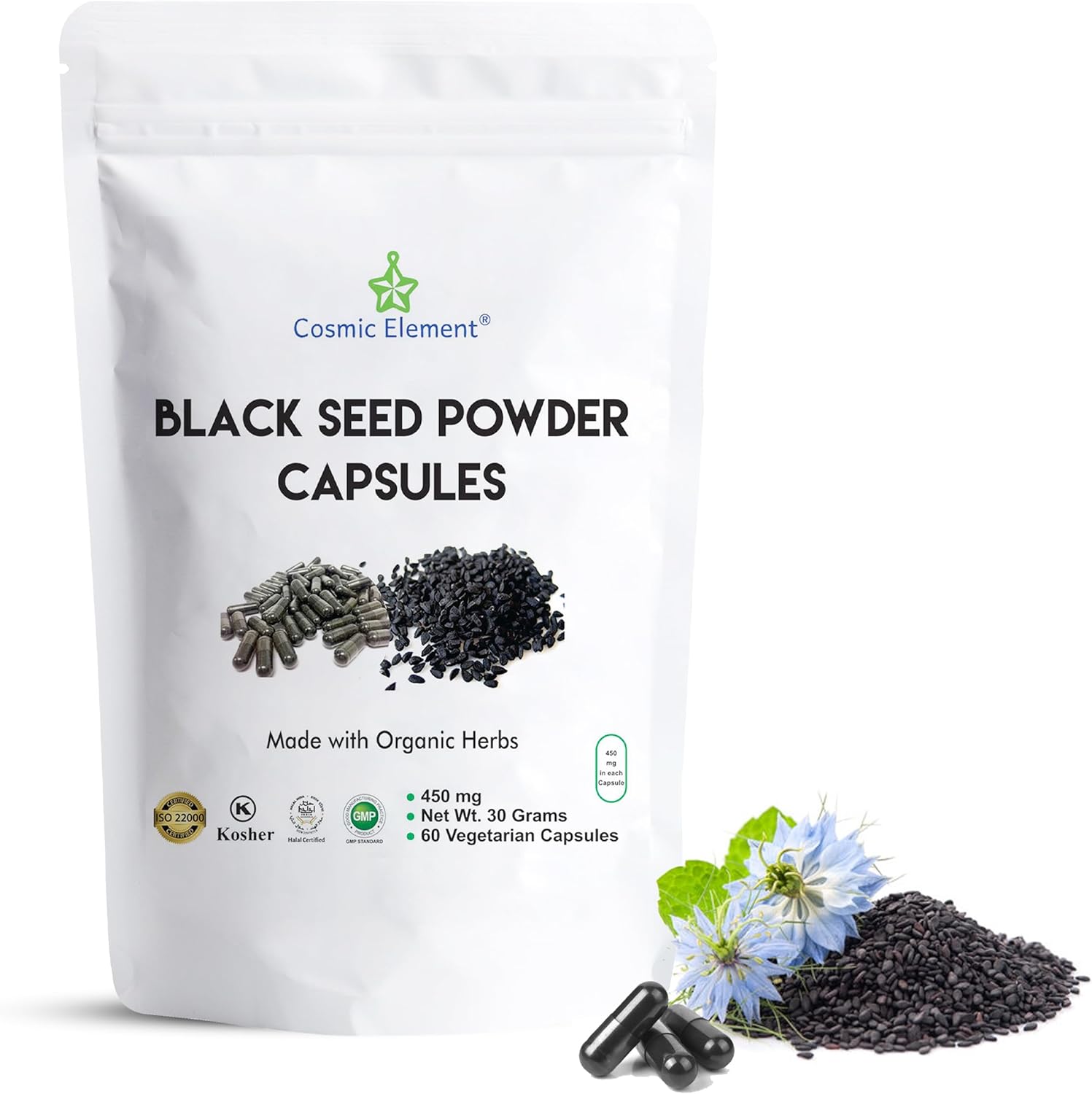 100% Pure Black Seed Powder Capsules Organic – Vegan Nigella Sativa 450mg Black Cumin Seeds per Serving- for Health – 60 Capsules