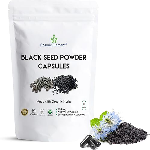 Cosmic Element Cápsulas de polvo de semillas negras 100% puras orgánicas, veganas Nigella Sativa 450 mg de semillas de comino negro por porción,