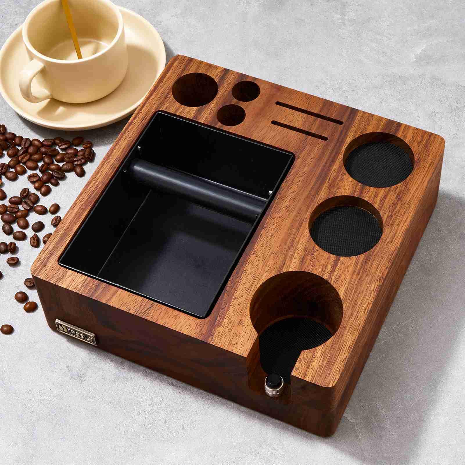 Pudełko na zaparzacz do espresso i stacja ubijania 3 w 1, organizer na kawę 51/54 mm, drewniana podstawka antypoślizgowa z orzecha włoskiego z uchwytem na kolbę, do domowego blatu