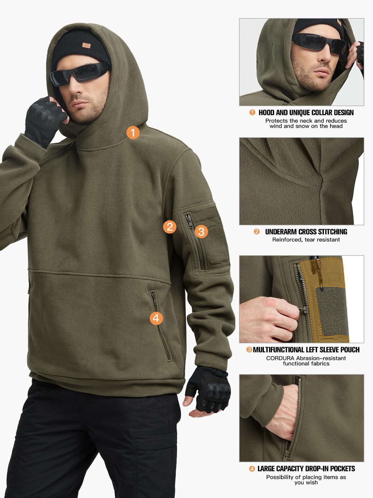 FREE SOLDIER Vestes Polaires Hommes Sweat à Capuche Sweatshirt Hommes avec 1/4 Fermeture éclair,Coupe-Vent Veste Tactique Armée Outdoor
