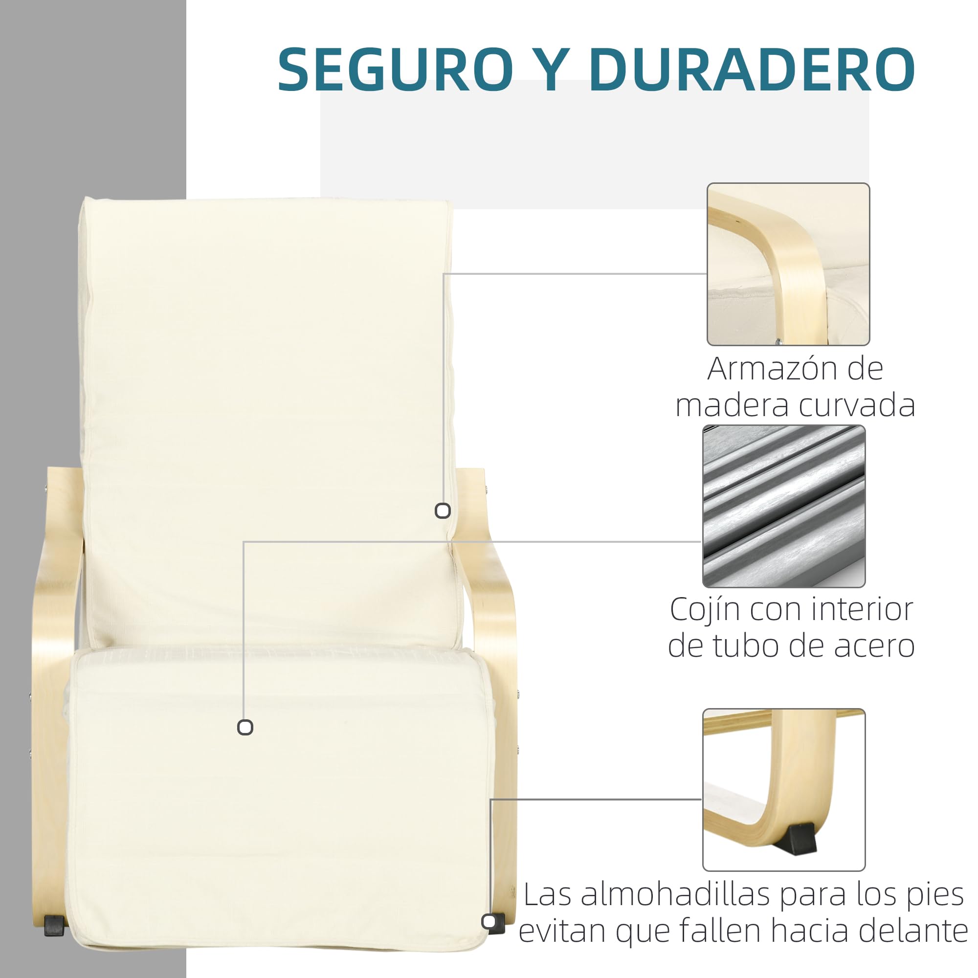 HOMCOM Sillón de Salón con Reposapiés Ajustable, Butaca de Salón Tapizada en Lino Sintético con Marco de Madera, Sillón de Relax para Dormitorio, Oficina, Estudio, 66,5x94x100 cm, Crema