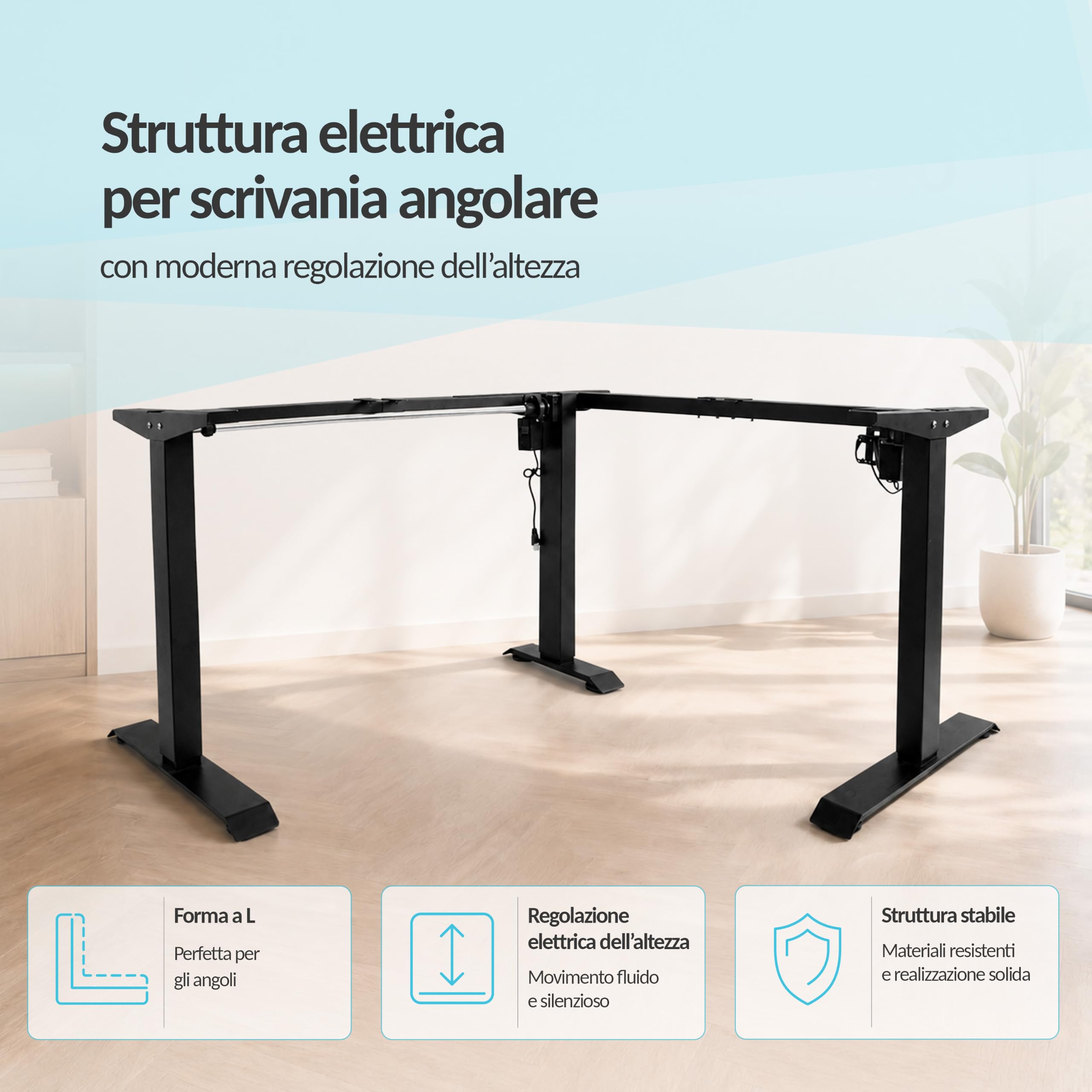 POKAR Struttura per Scrivania Angolare Regolabile in Altezza Elettrica | Angolo 0 a 90°, Altezza 70 a 118 cm | Pannello Memoria con USB-C e USB-A | Base per Scrivania in Piedi | Nero