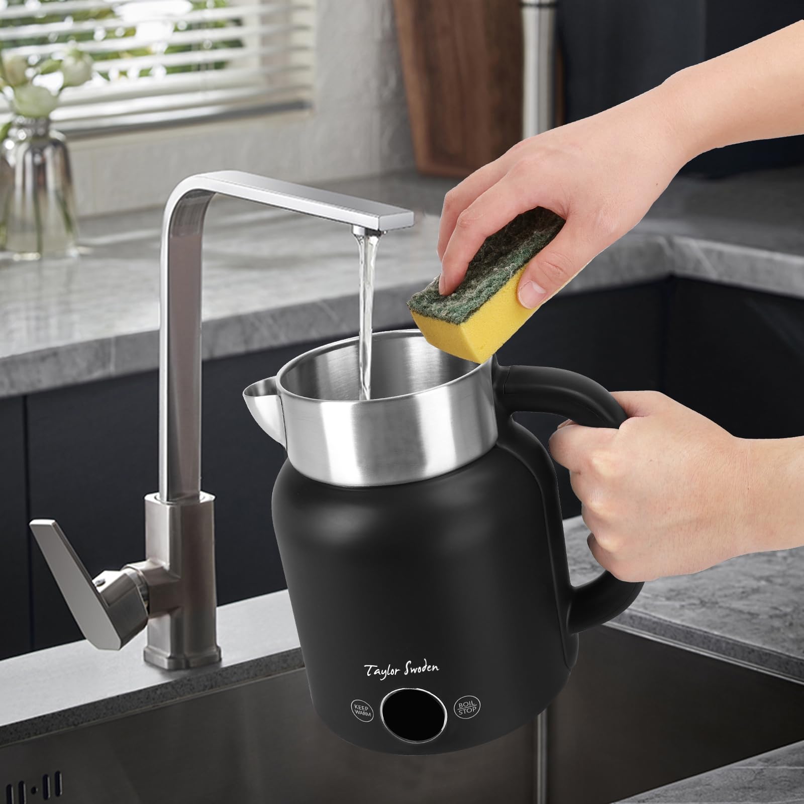 Taylor Swoden Hervidor de Agua Retro 1.7L de Acero Inoxidable Sin BPA Negro | Hervidor 2200W, silencioso, 5 niveles temp, función calor 1H, doble pared antiquemaduras, ideal para té y café (Asher)