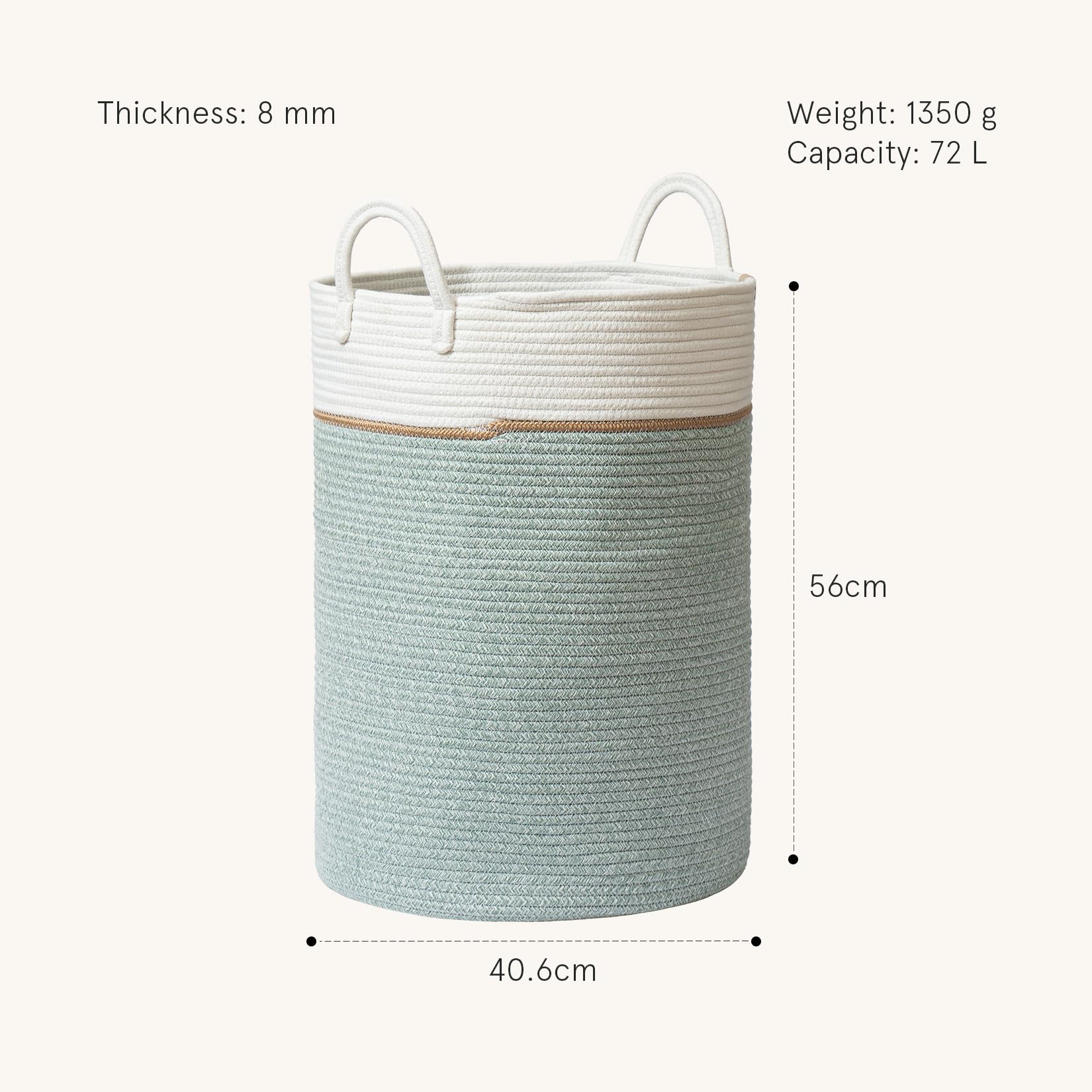 LA JOLIE MUSE Panier de rangement en corde tissée – Grand panier à linge en coton pour couverture, jouets d'enfants, vêtements de chambre d'enfant, vert lierre – 72 litres – XL