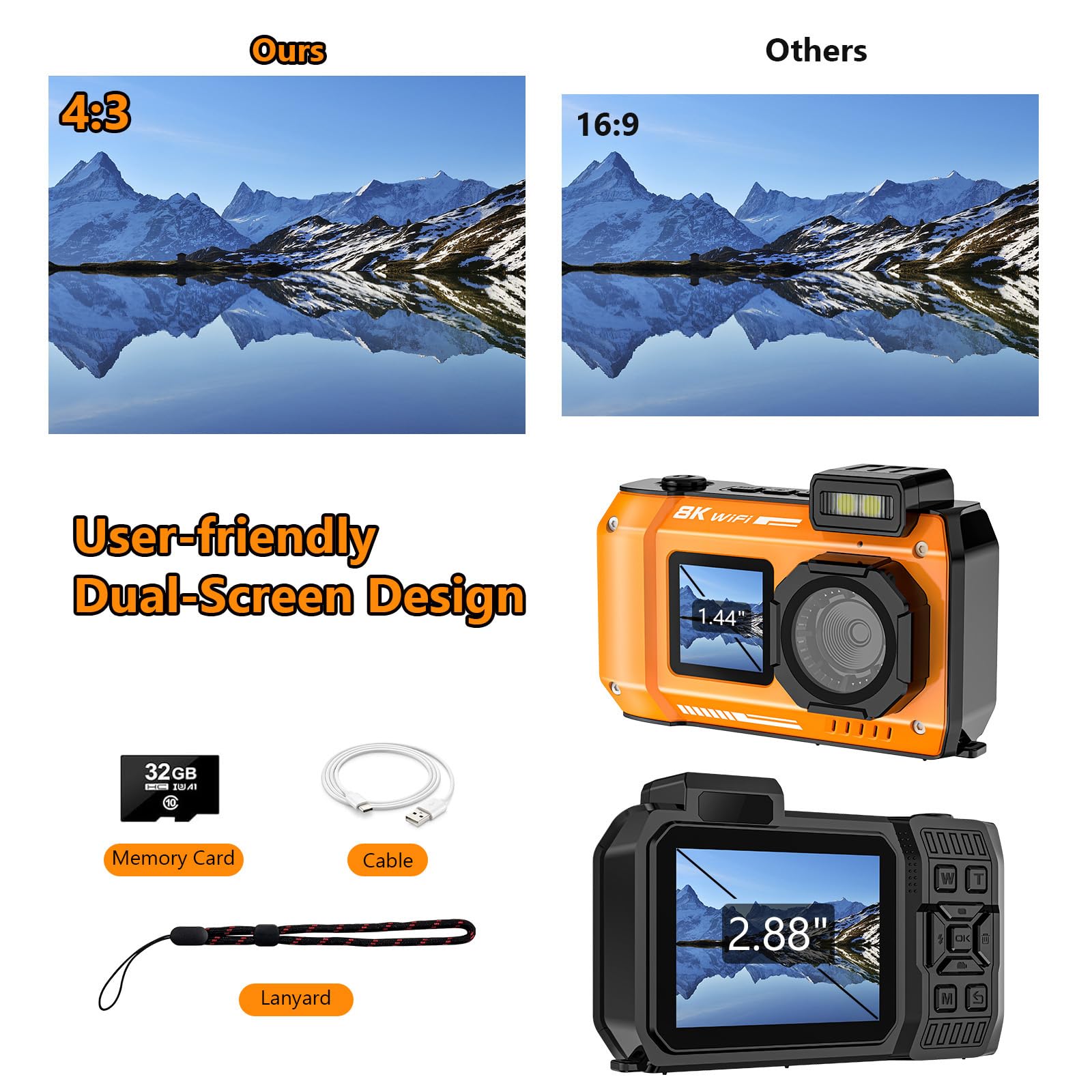 Cámara subacuática UHD 8K, 70 MP 33 pies, WiFi, impermeable, con tarjeta de 32 GB, enfoque automático, batería de 2500 mAh, digital flotante de 18 aumentos para esnórquel, naranja