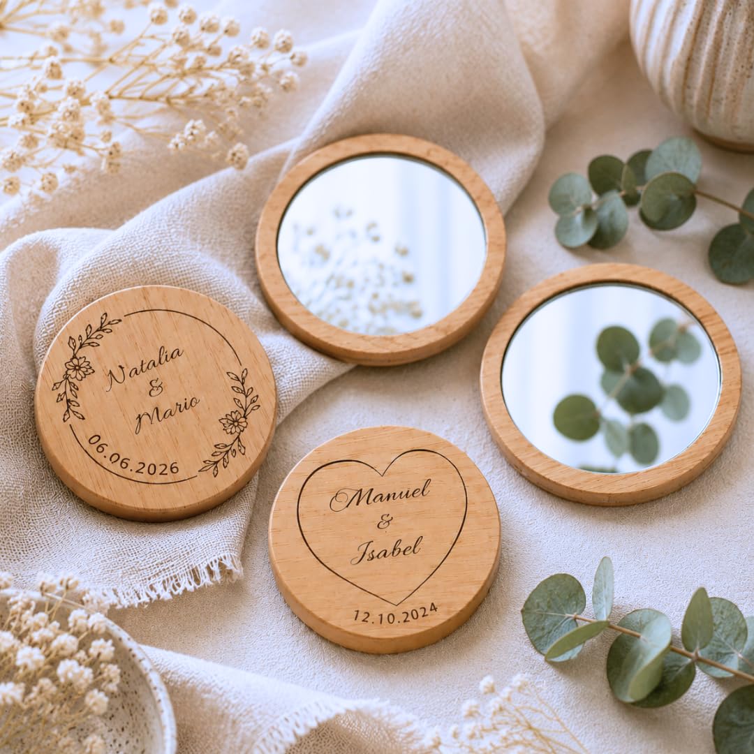 Amaisso® Espejo de Madera Personalizado para Boda con Grabado Pack 10 | Detalle para Invitados de Boda, Comunión y Bautizo | Regalo Personalizado con Nombres, Fecha y Diseño Elegante