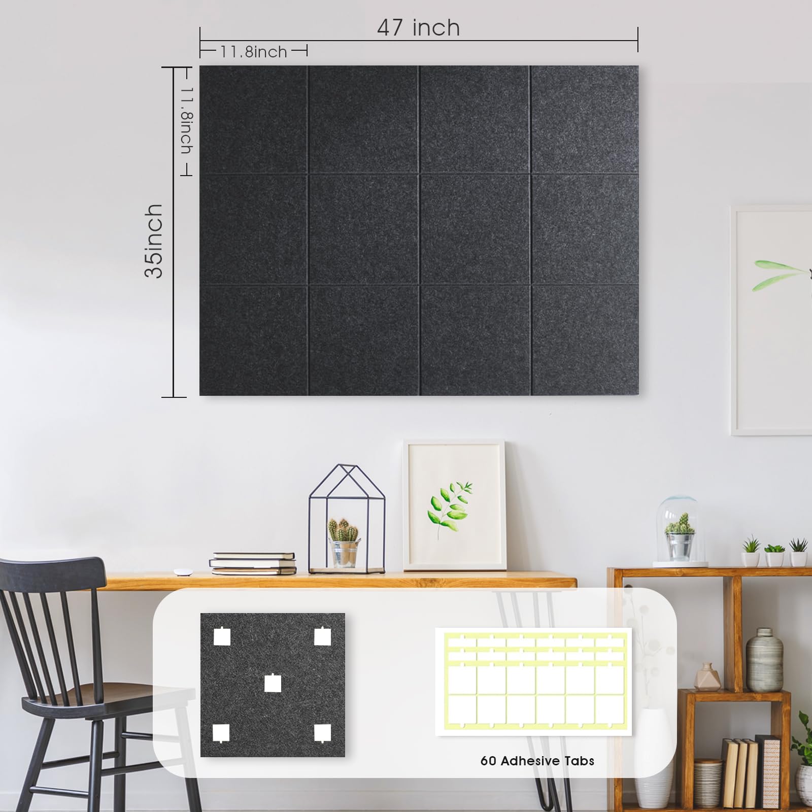 tablero de anuncios,tablero de clavos, Tablero de anuncios de fieltro for pared, 48" x 36", paquete de 12, multicolor, con 35 chinchetas.(Dark Grey)