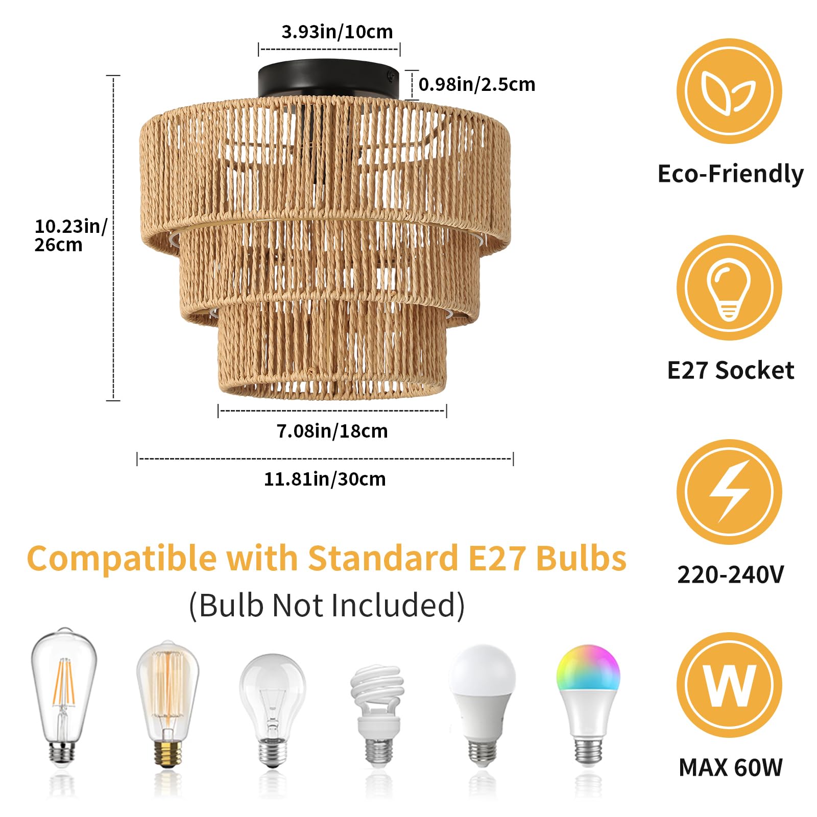 Deckenleuchte Rattan, 3 Lagen Boho Lampe Decke mit Natürlicher Rattan Lampenschirm, E27 Vintage Kronleuchter, Rustikal Braun Deckenlampe Für Wohnzimmer Schlafzimmer Esszimmer Küche Flur