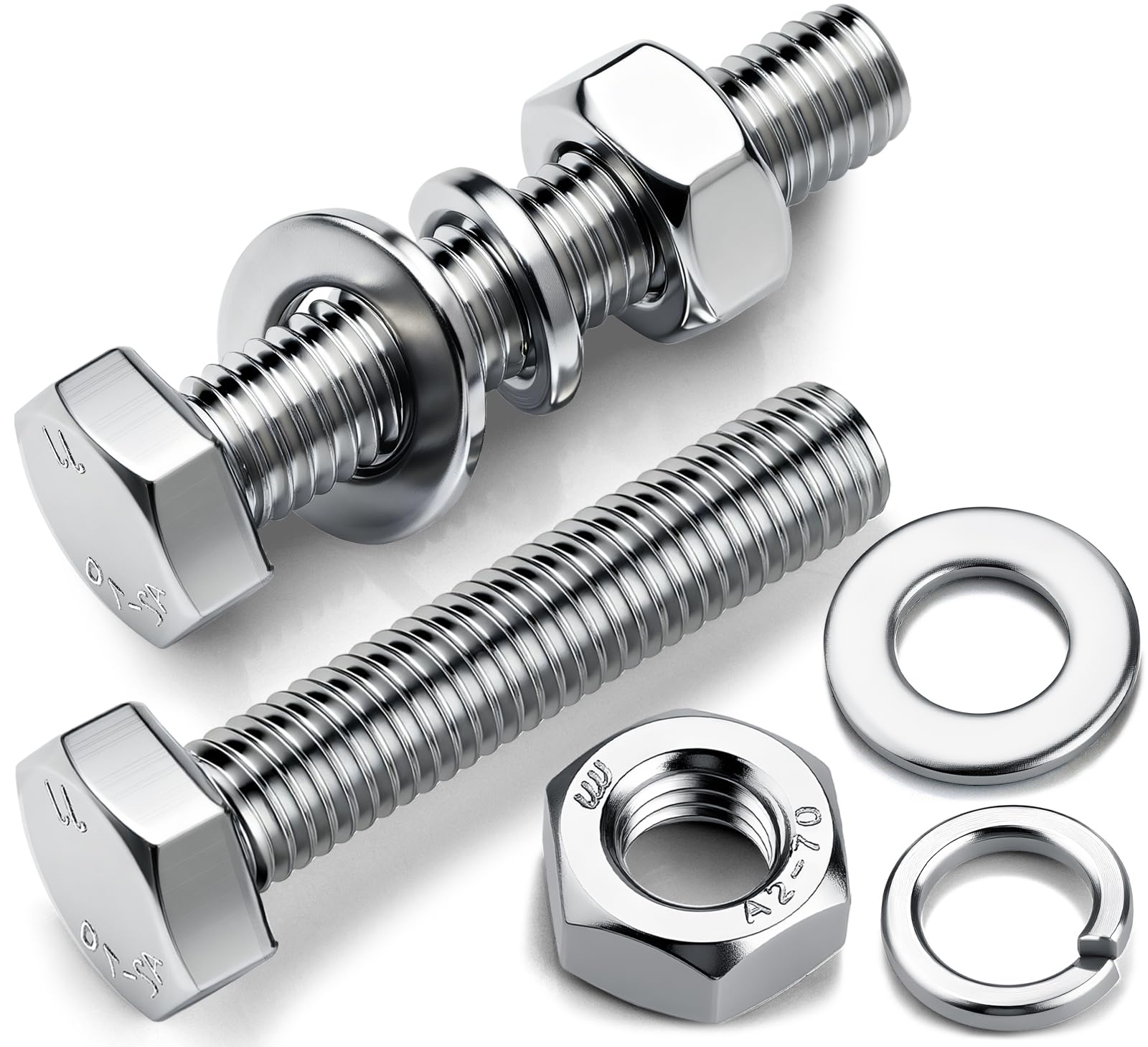 qjuwhua 8 Sets M10 Hex Bolts and Nuts with Flat & Lock Washers M10x30mm 304 Stainless Steel Hex Head Screw Bolt Kit Fully Threaded Machine Screws for Machinery