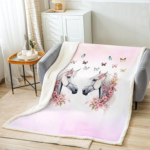 Manfei Manta con diseño de caballos, diseño de mariposas y flores rosas para niños y niñas, decoración de habitación de niños y niñas, manta con