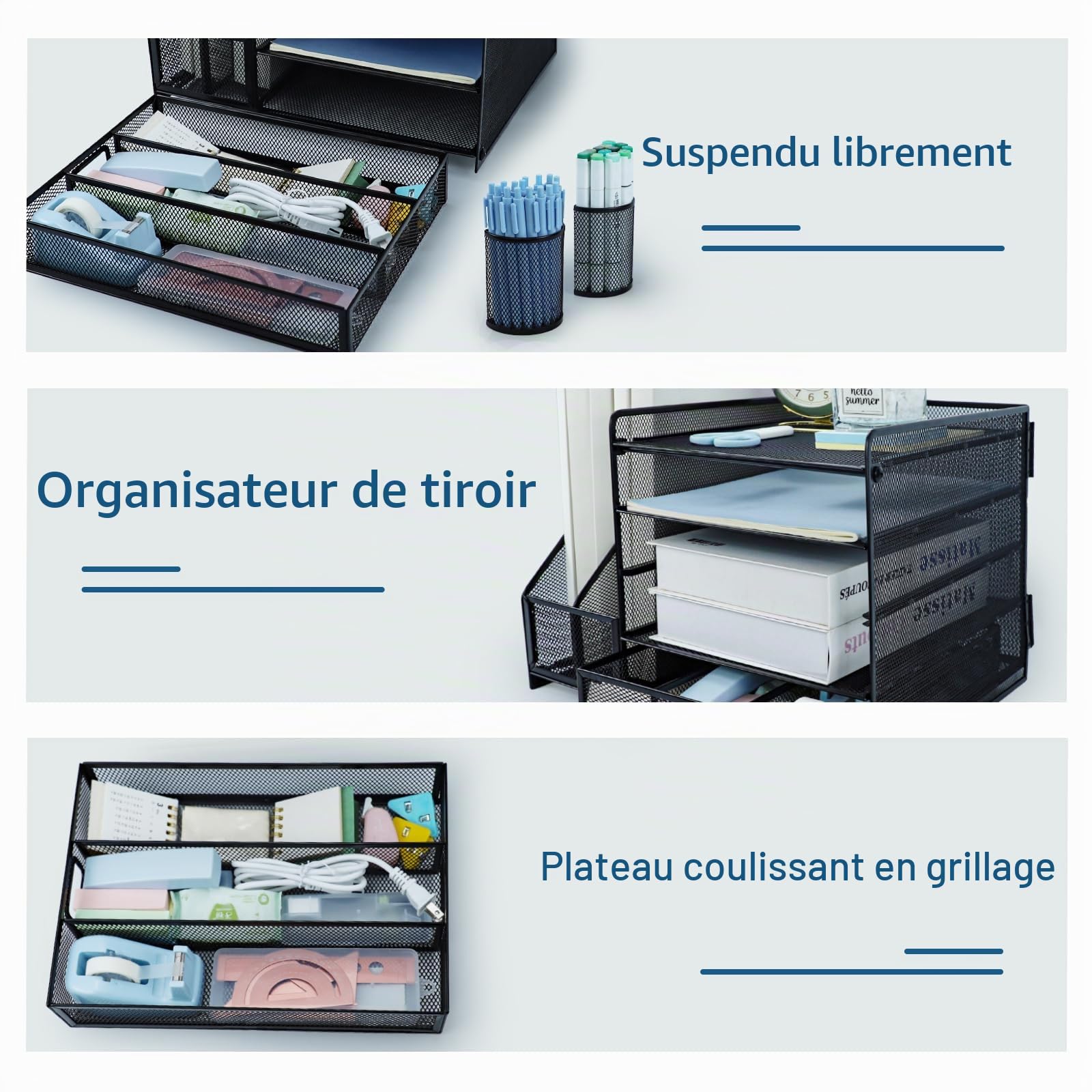 Organisateur de bureau noir avec porte-documents, porte-stylos et bac à lettres 5 niveaux