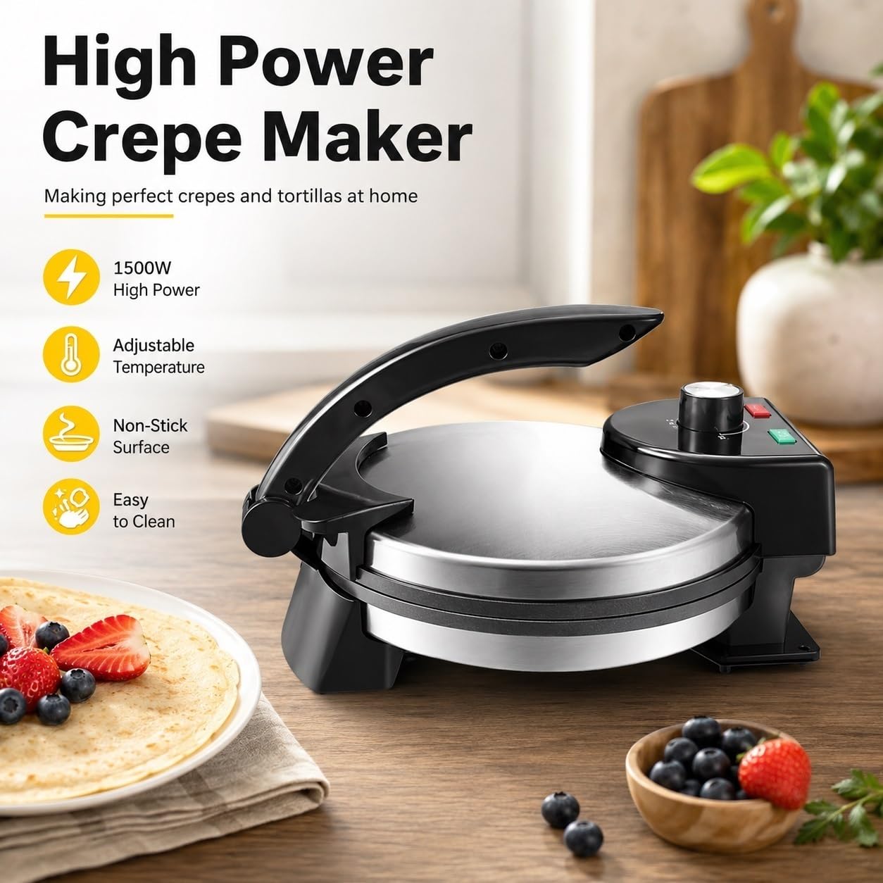 Roti Maker, Máquina Chapati Eléctrica Antiadherente, 1500W | Prensa for tortillas calefactora de doble cara con mango anti-escaldaduras. for pan naan y panes planos caseros