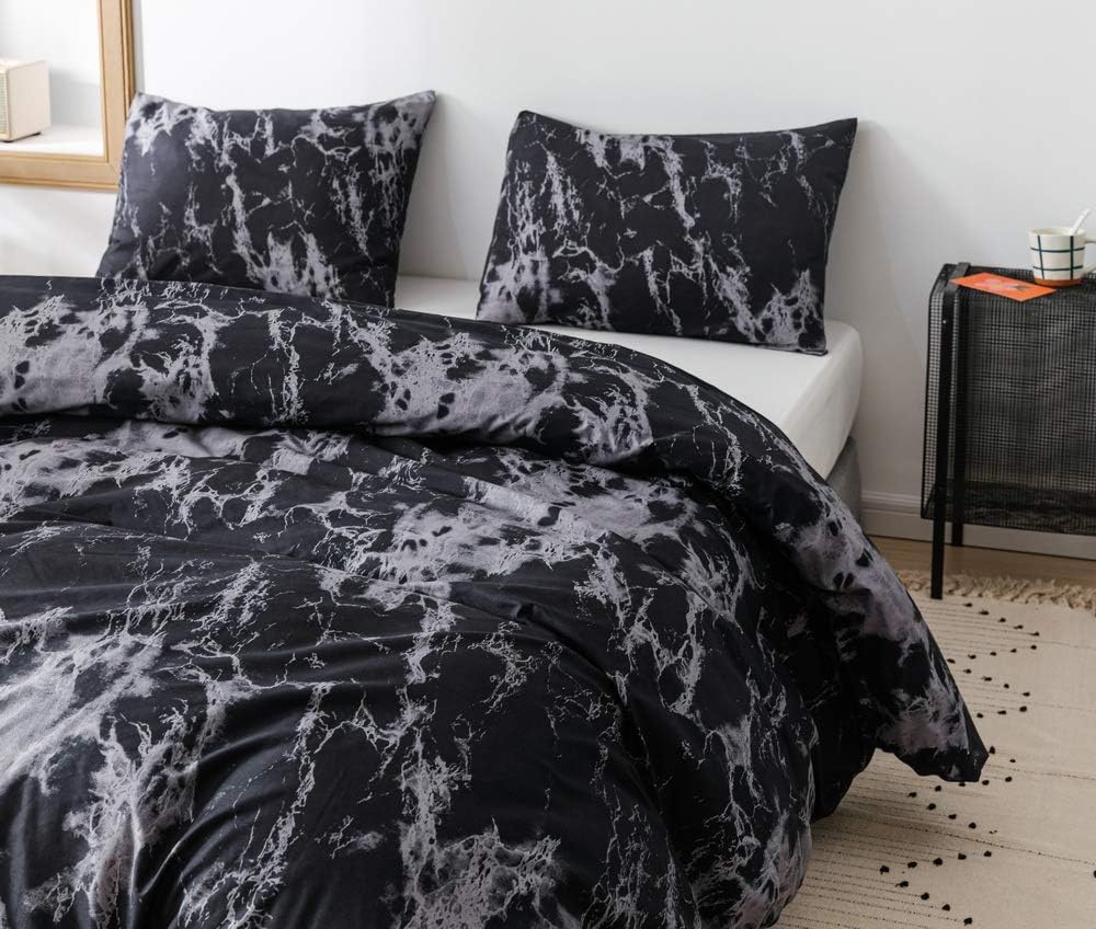 JANZAA Queen Comforter Set Marble Comforter Set, Black Marble Comforter Set 3pcs Soft Microfiber Bedding Set(1 Queen Comforter &2 Pillowcases