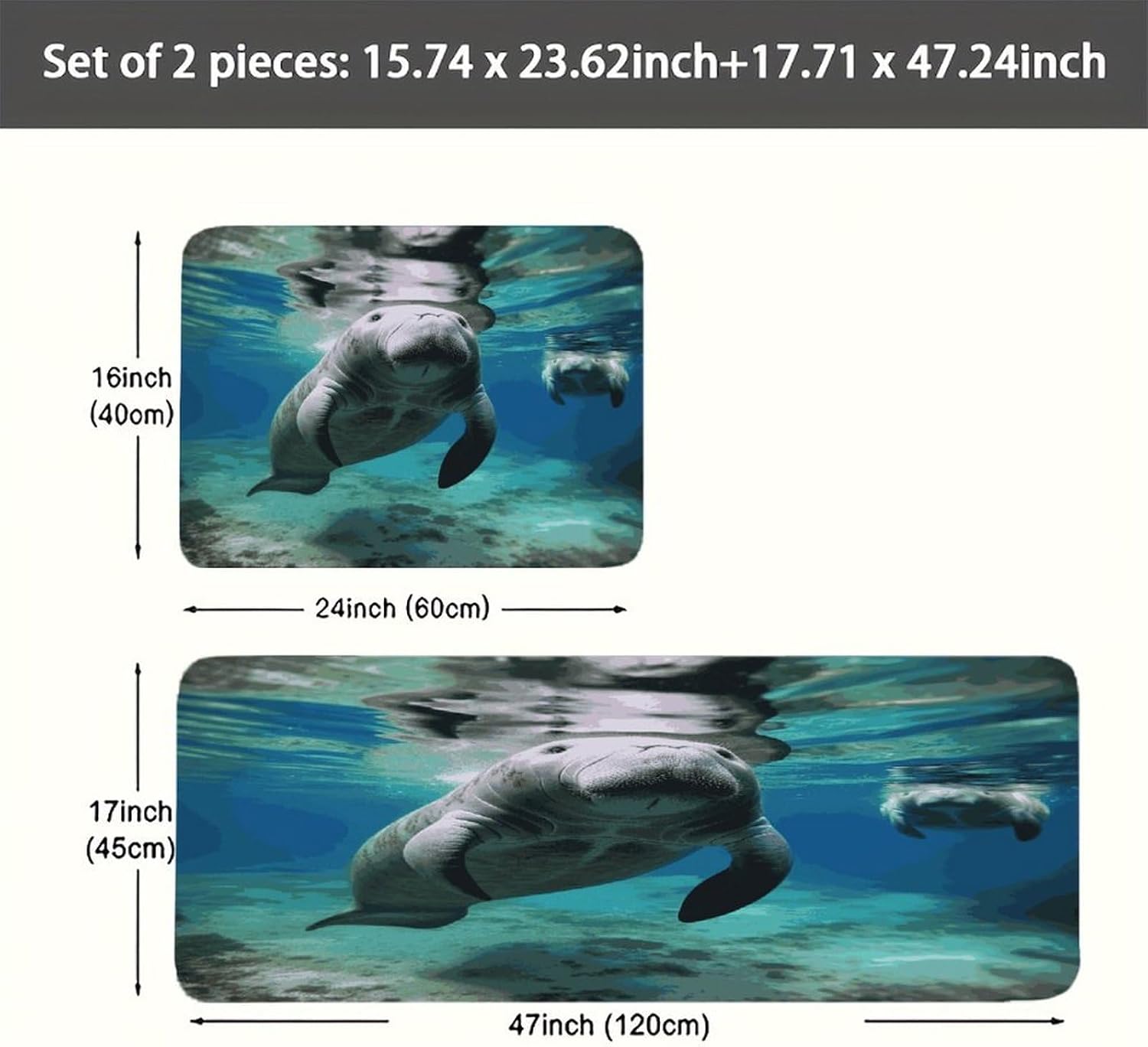 Ocean Animal Manatee Kitchen Mat Kitchen Rug Set | Kitchen Rugs Flannel Velvety Washable breathable Water Absorbent Soft ，kitchen utensils for Kitchen, Floor,Laundry