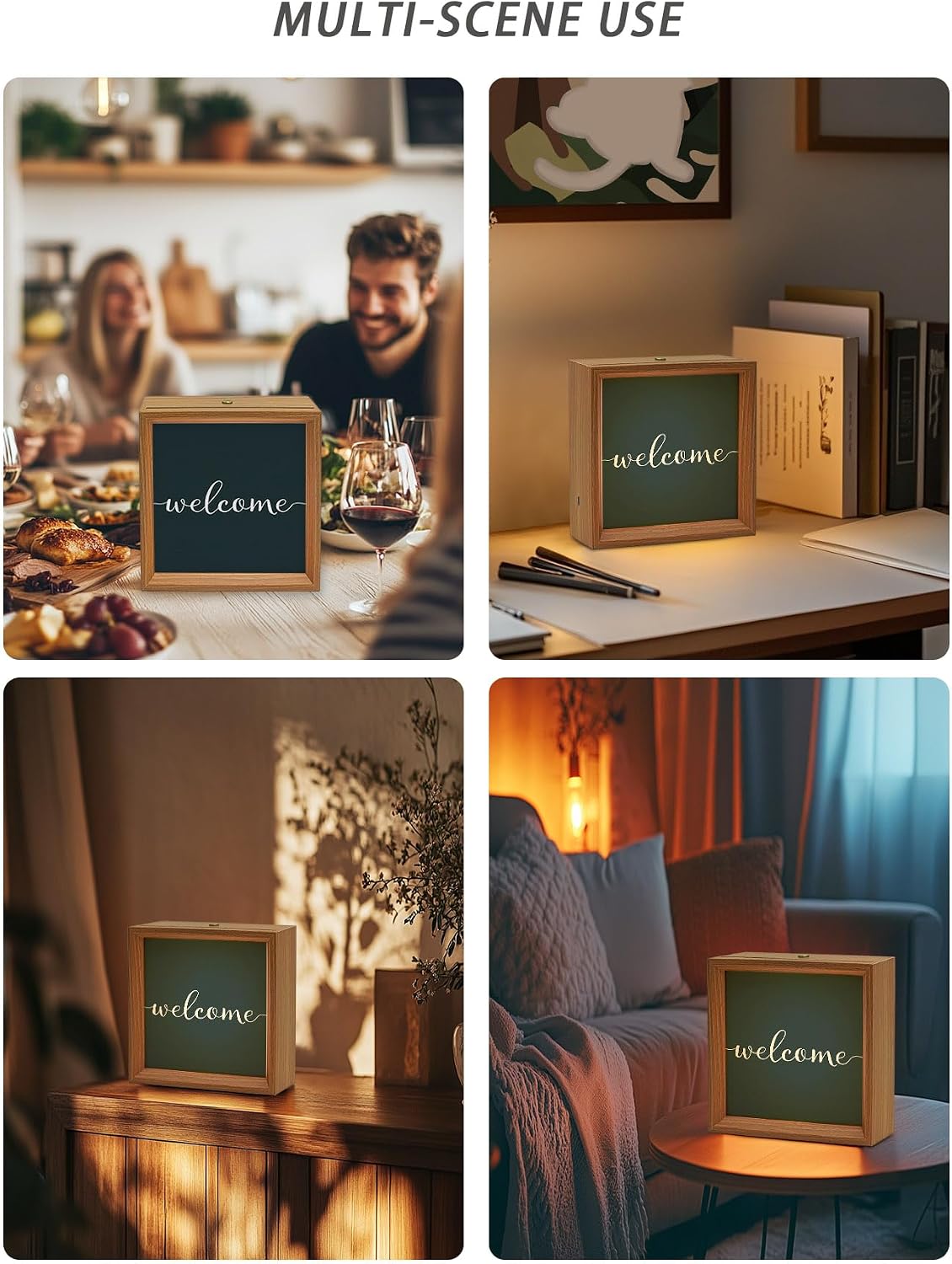 Wooden LED Night Light Box Welcome Words Wood Picture Frame - USB Rechargeable Dimmable Touch Table Light for Home Decor or Desktop Display Gradient Black Background,4.5in image 4