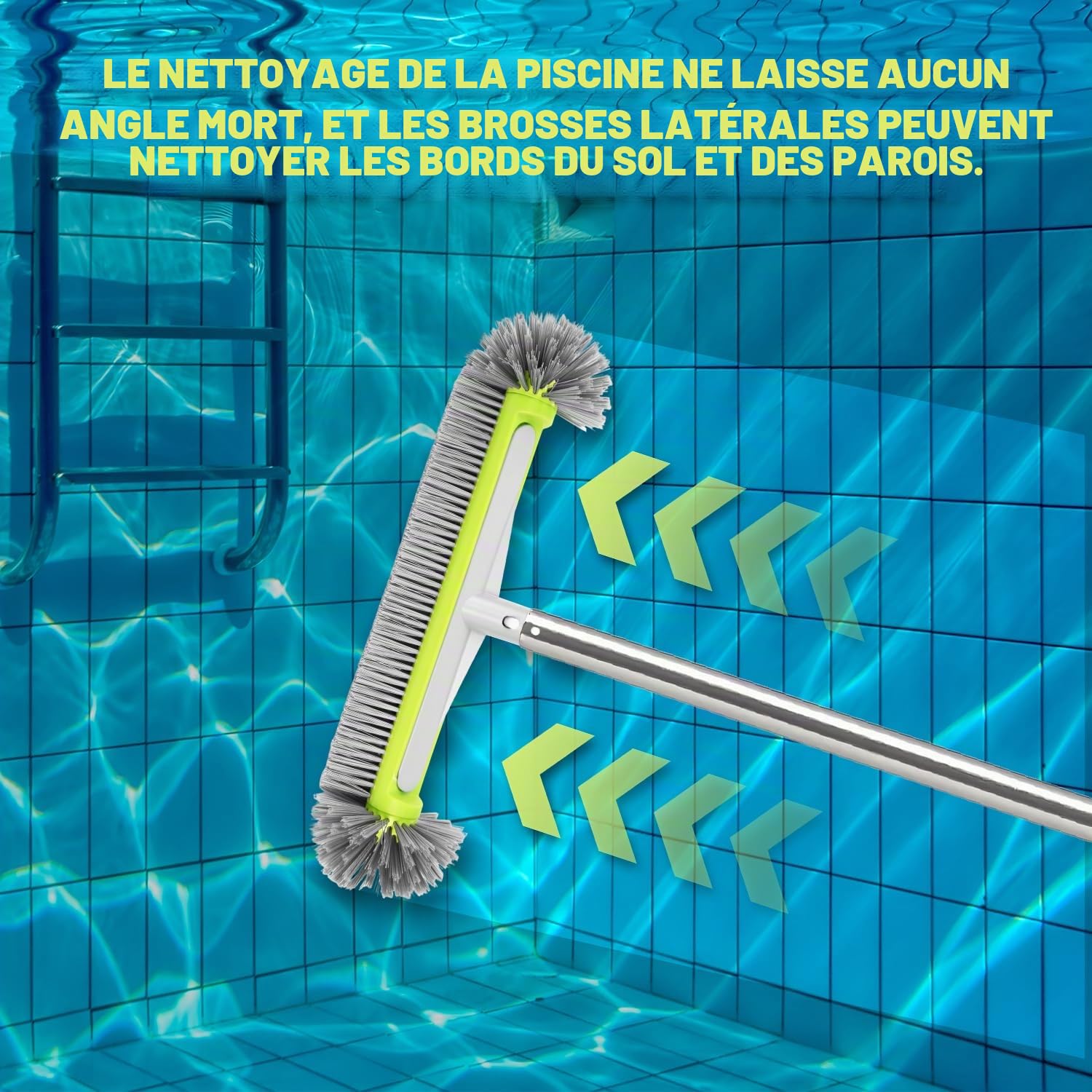 Tête de Brosse de Piscine 45cm Balai Piscine Brosses Poils Robustes Manche Aluminium Hémisphérique Mur Sol