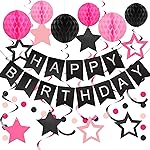 meowtastic Birthday Decorations, Happy Birthday Banner with Honeycomb Ball, Stars Hanging Swirl Streamer, Circle Dots Garland, Happy Birthday Party Decorations for Women Men Boys Girls (Black & Pink)