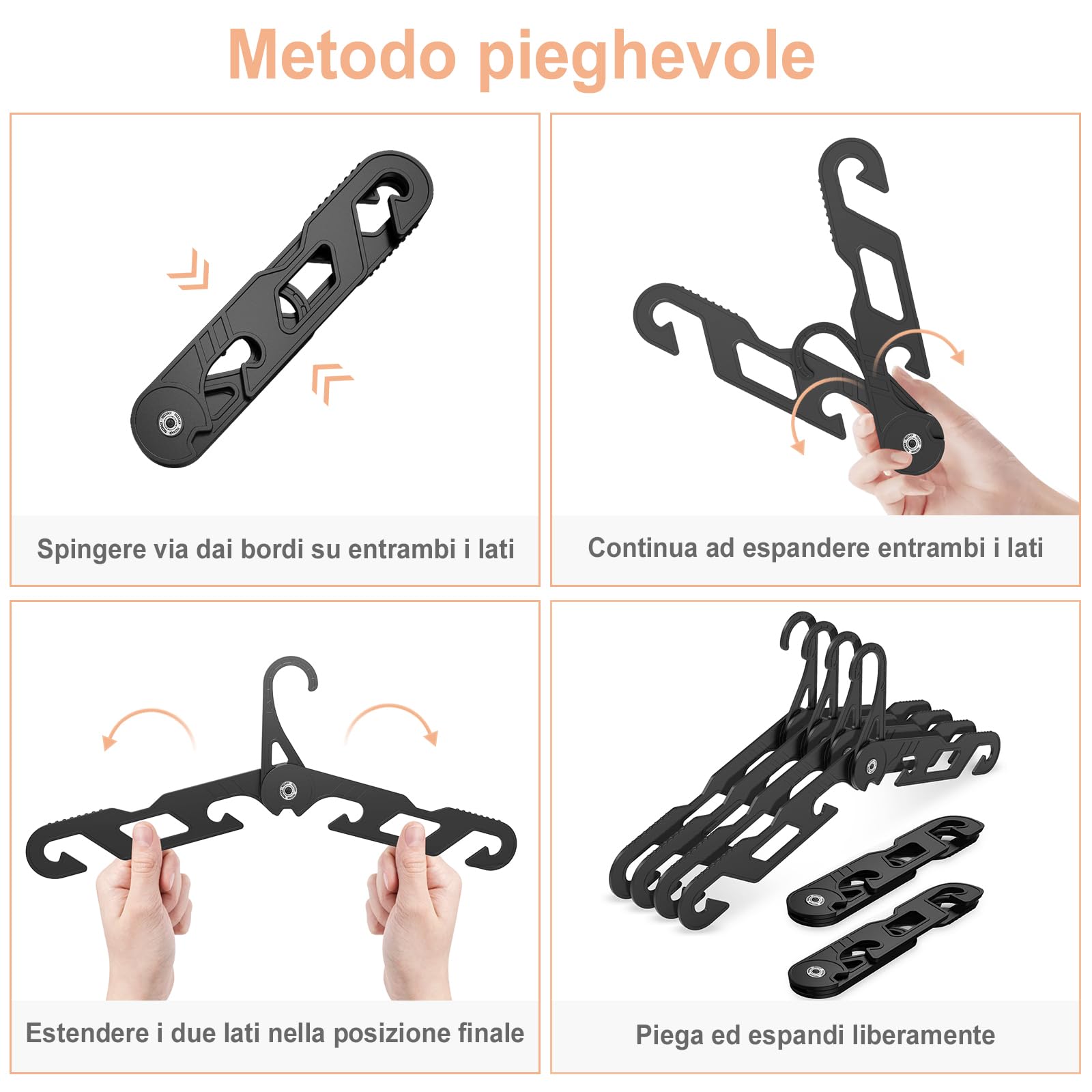 Appendini da Viaggio Premium - Appendiabiti Pieghevoli Portatili da 6 Confezioni - Stendibiancheria Pieghevole Pieghevole Super Resistente con Gancio per Viaggi, Interni ed Esterni (6 Nero)